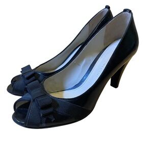Antonio‎ Melani Black Patent Leather Peep Toe Bow Heels Pumps Women's Size 7M